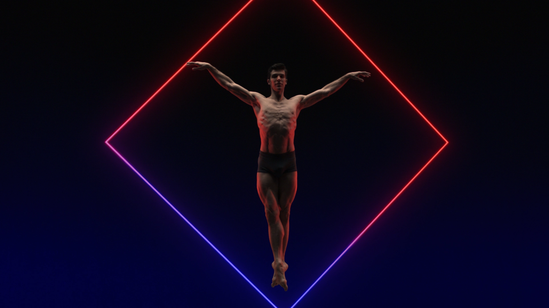 Neon elements and dancer in atmospheric lighting composition