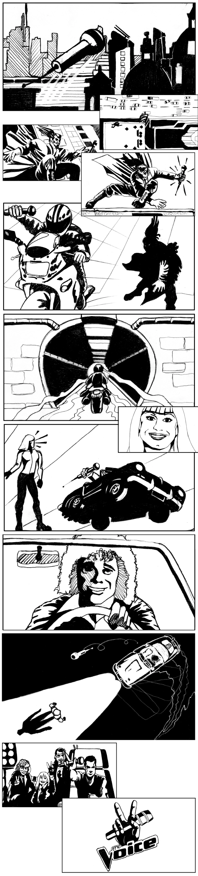 The Voice animation storyboard — scene breakdown for the reverse implosion sequence