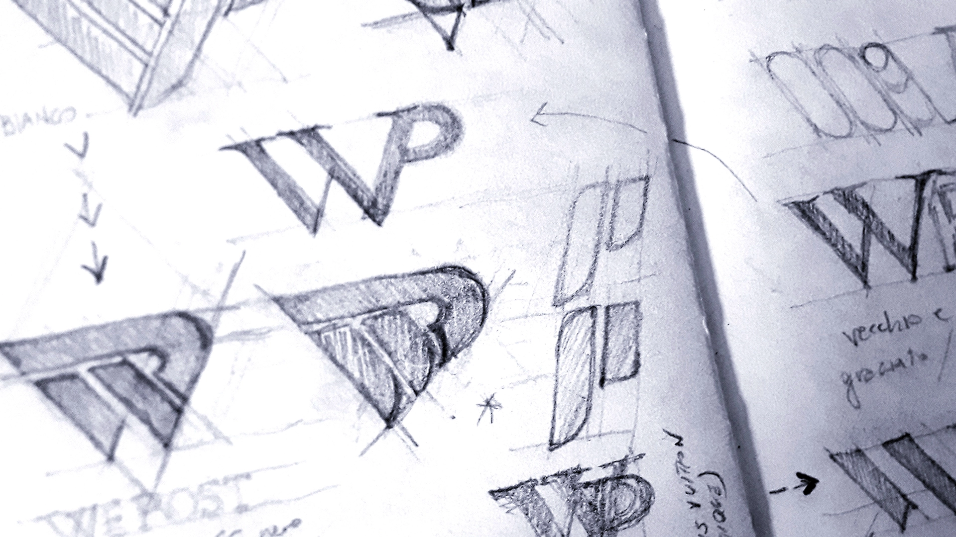 WEPOST logo design process — sketchbook studies